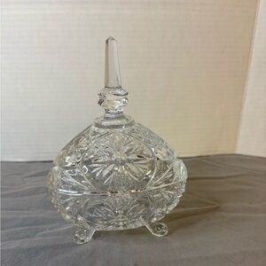 Vintage Crystal 24% Lead Covered Candy Dish with Finial and Scroll Feet